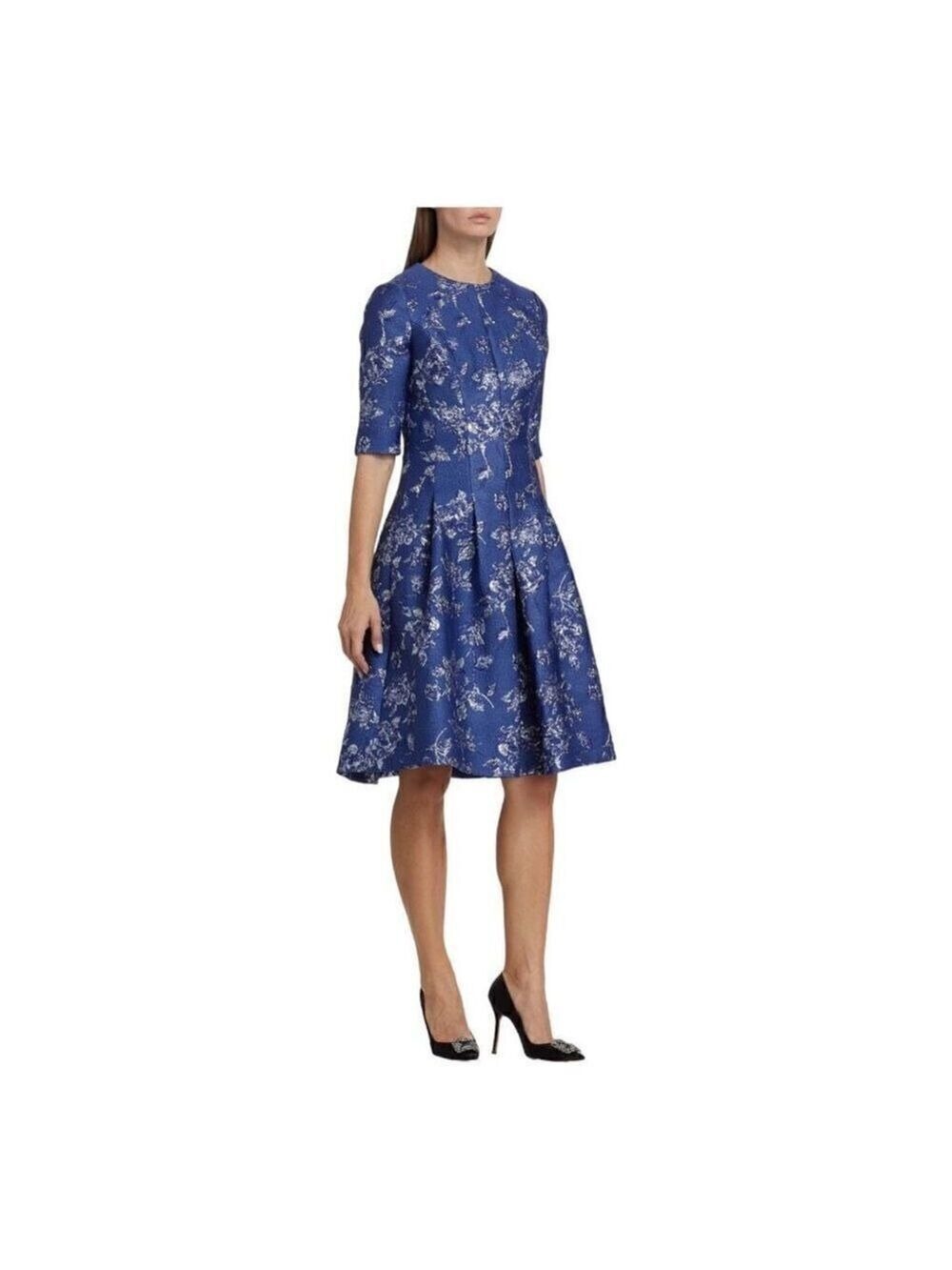 Teri Jon Blue Jacquard Floral Print Box Pleat Dress Size 2 NWT